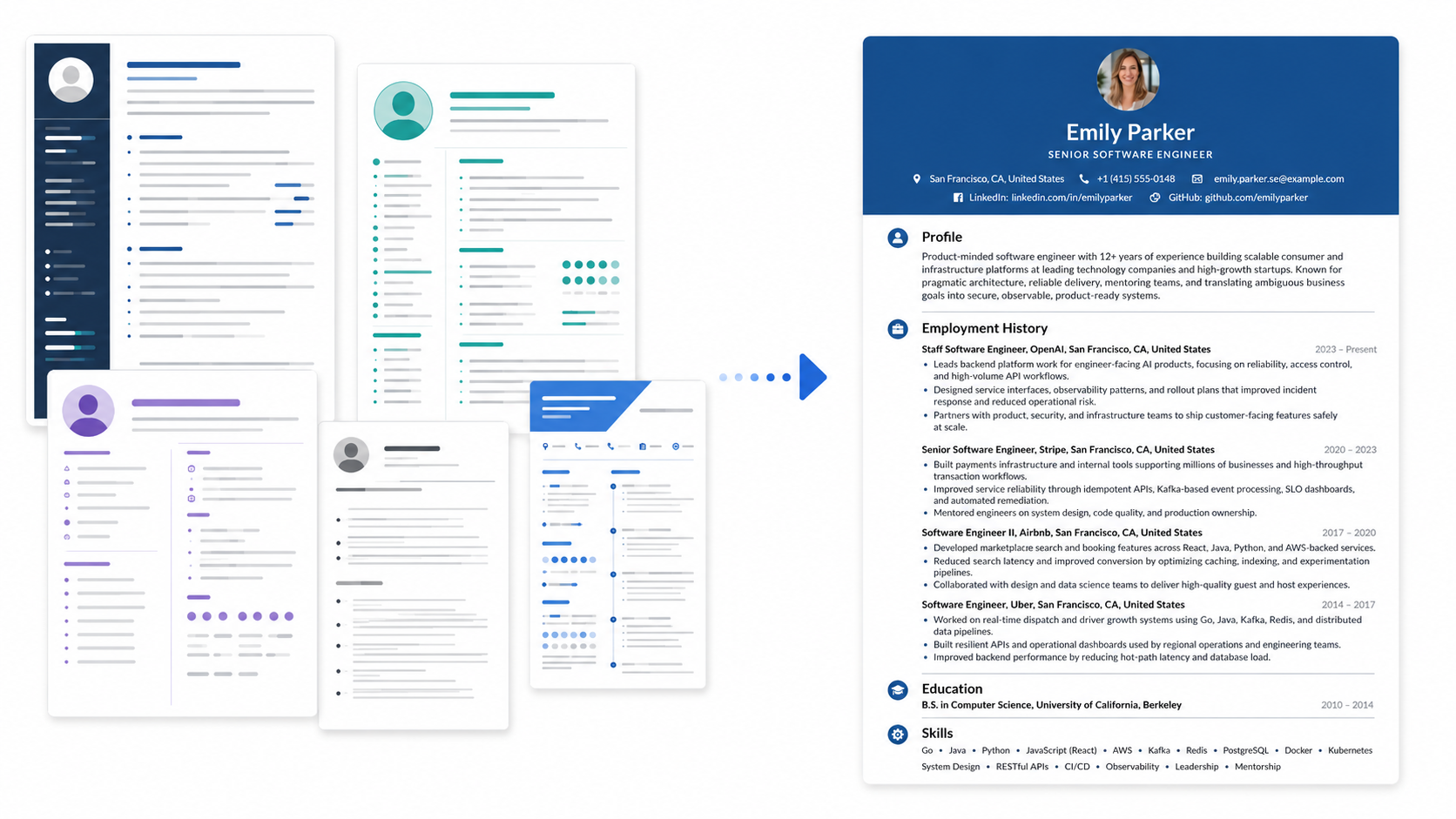 Messy candidate resumes transformed into a clean, branded profile